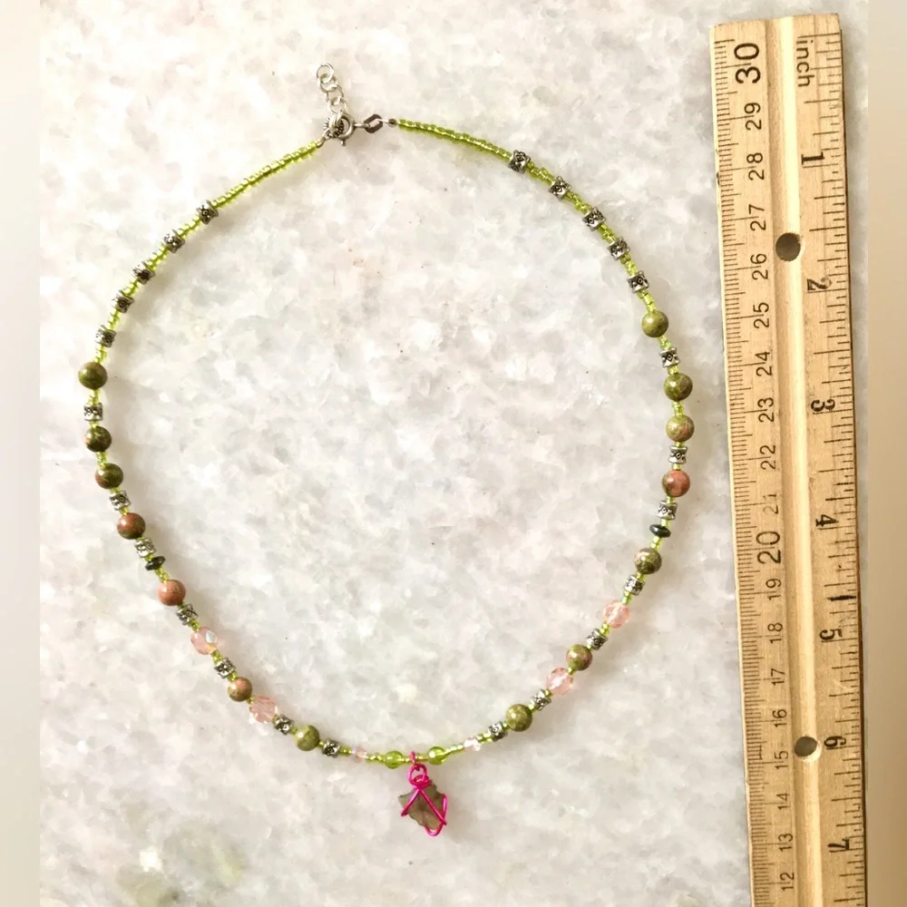 Natural Moldavite Necklace with Unakite Stones, Czech Crystals & Wire Wrapped π - Picture 15 of 15